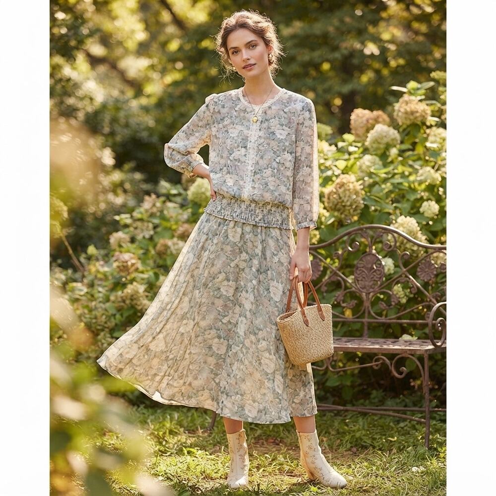 Jonathan Logan Vintage 2 Piece Set Top & Elastic Waist Pleated Skirt FLORAL 12